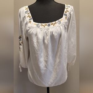 LC Lauren Conrad White Blouse with Floral Embroidery